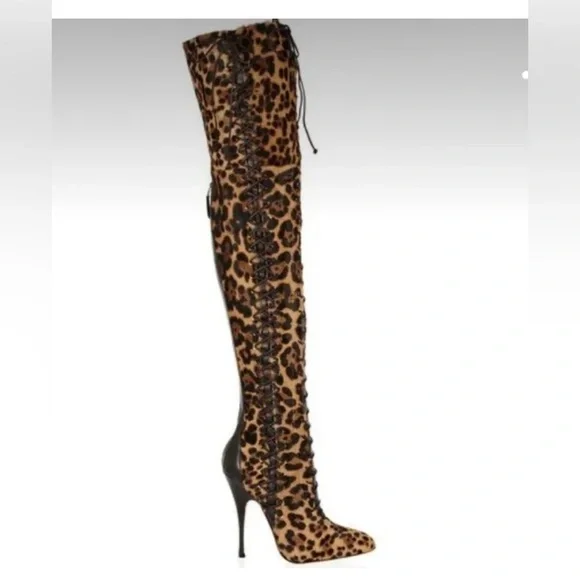 NWOBđ«Brian Atwood Belle Cheetah/Leapoard Leather CalfHair LaceUp Thigh HighBoots - Picture 1 of 14